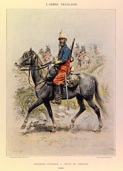 Typy a uniformy francouzské armády kapitána Julese Richarda, ilustrované Edouardem Detaillem (1848-1912): Lovci Afriky ve venkovských šatech v roce 1886, soukromá sbírka od Jean Baptiste Edouard Detaille