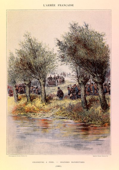 Typy a uniformy francouzské armády kapitána Julese Richarda, ilustrované Edouardem Detaillem (1848-1912): Lovci pěšky; velké manévry v roce 1885, Soukromá sbírka od Jean Baptiste Edouard Detaille