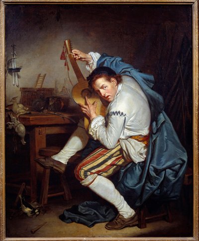 Kytarista nebo pták, který po návratu z lovu uděluje kytaru Obraz Jean Baptiste Greuze (1725-1805) Slunce 18. století. 0,71x0,57 m Nantes, Musee des Beaux Arts od Jean Baptiste Greuze