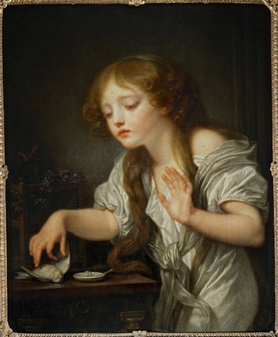 Dítě, které se zdráhá dotknout se ptáka ze strachu, že by mohl být mrtvý, řekne, že pták je mrtvý... od Jean Baptiste Greuze