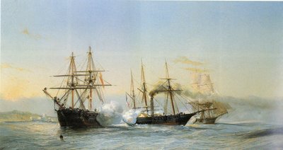 Námořní bitva před marockým pobřežím mezi dvěma marockými brigami a francouzskou kolovou korvetou při příležitosti bombardování Mogadoru francouzskou eskadrou v roce 1844. od Jean Baptiste Henri Durand Brager