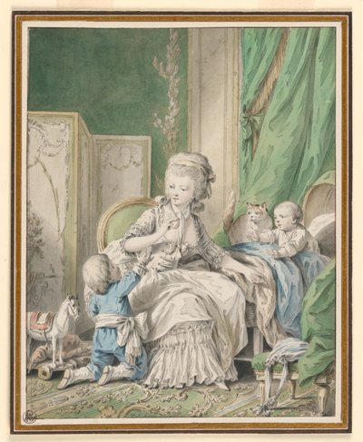 Mutter und zwei Kinder in einem Boudoir von Jean-Baptiste Huet