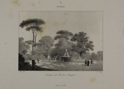 Fontána v zahradě Villa Borghese, Řím od Jean-Baptiste Isabey