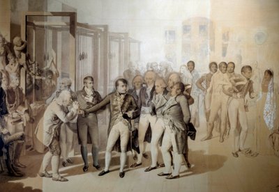 Napoleon Bonaparte, Erster Konsul, besucht die Samtfabrik der Gebrüder Sevene in Rouen, November 1802 von Jean Baptiste Isabey