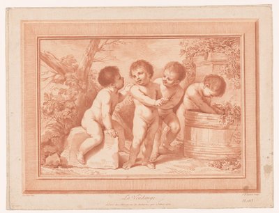 Čtyři putti se sudem na víno La Vendange (název na objektu) od Jean Baptiste Lucien