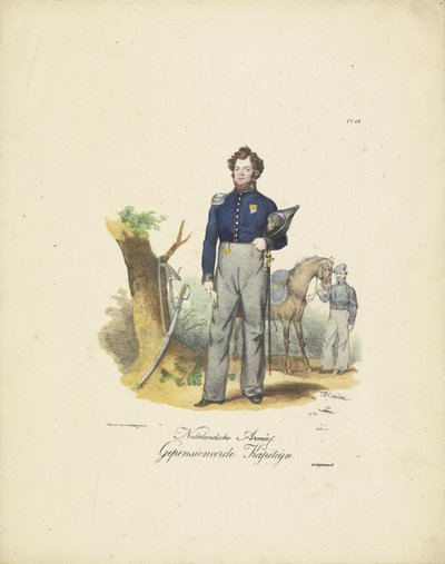 Kapitán ve výslužbě, 1820-1825 Nederlandsche Armée, Kapiteyn ve výslužbě (titul na objektu) Vojenské kostýmy Nizozemského království. Věnováno Jeho Excelenci Willemu van Bylandtovi (název série na objektu) od Jean Baptiste Madou