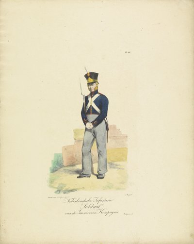 Posádková rota vojáků, 1820-1825 Holandský pěchotní voják Posádkové roty (titul na předmětu) Vojenské kostýmy Nizozemského království. Věnováno Jeho Excelenci Willemu van Bylandtovi (název série na objektu) od Jean Baptiste Madou