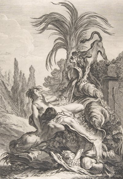 Vyděšená Naiad Rozcuchaná Naiad zděšeně ucukne při pohledu na lva, ca. 1740, od Jean Baptiste Marie Pierre