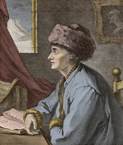 Jean Jacques Rousseau francouzský spisovatel a filozof v Neufchatel v roce 1765 rytina J. B. Michel - Portrét Jean-Jacques Rousseau (Jean Jacques) a Neuf Chatel v roce 1765 rytina J. B. Michel od Jean Baptiste Michel