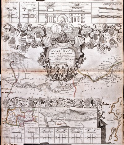 Mapa Canal du Midi s akvadukty (rytina od Jean Baptiste Nolin