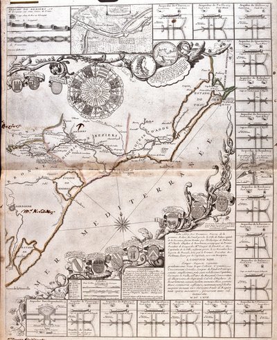 Mapa Canal du Midi s akvadukty (rytina od Jean Baptiste Nolin