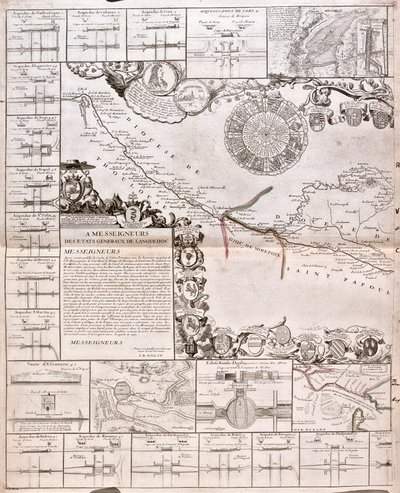 Mapa Canal du Midi s akvadukty (rytina od Jean Baptiste Nolin