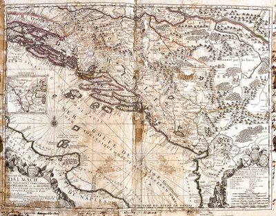 Mapa Království Dalmácie (dnešní Chorvatsko a Černá Hora), na pobřeží Benátského zálivu (Jaderské moře) (rytina od Jean Baptiste Nolin