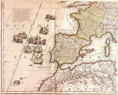 Mapa zemí západního Středomoří: Francie, Španělsko, Portugalsko a severní Afrika (Maroko, Alžírsko, Tunisko), s Baleáry, Korsikou a Sardinií (lept od Jean Baptiste Nolin