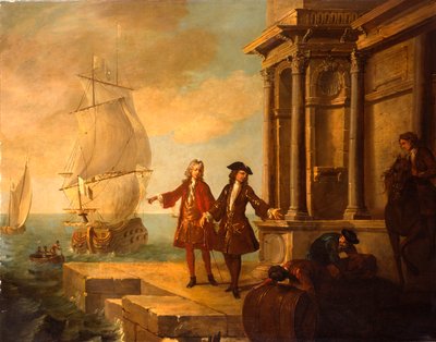 Evropa – Evropští obchodníci s dopravci manipulujícími se sudem a balíkem na hrázi, 1724 od Jean Baptiste Oudry