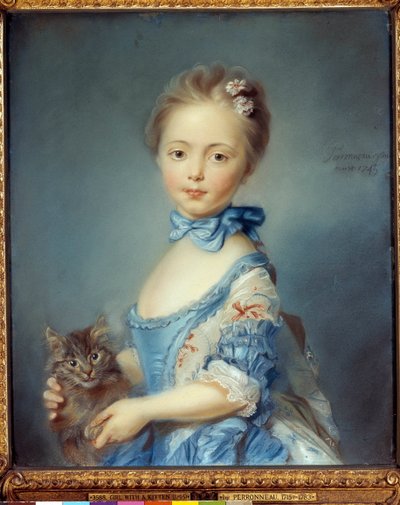 Portrét mladé dívky s kočkou Pastelový obraz od Jean-Baptiste Perroneau (Jean Baptiste Perronneau) (1715-1783) od Jean Baptiste Perronneau