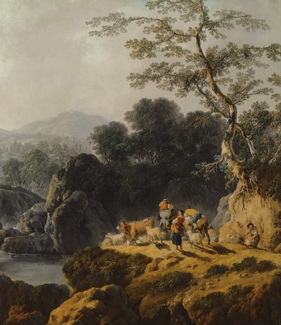 Krajina v údolí řeky s pastevci a cestovateli od Jean Baptiste Pillement