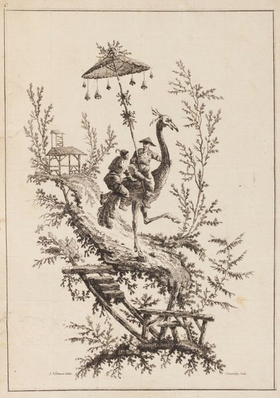 Pštrosí jezdci, talíř ze sady reprezentací Chinoiserie od Jean Baptiste Pillement
