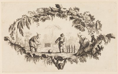 Tři figurky hrající si s míčem, ze „Sbírka několika čínských dětských her“ od Jean Baptiste Pillement