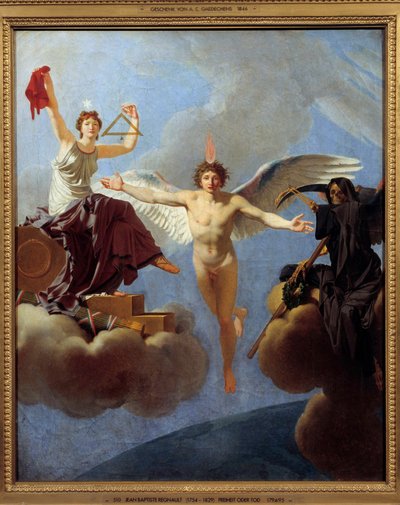La Liberte ou la Mort Allegorie de la Liberte vlevo, pokrytá Diademe de la Reason, dědictvím Siecle des Lumieres. Levou rukou ovládá čtverec a olověný drát symbolizující rovnost v občanství. Ztělesňuje hodnoty t od Jean Baptiste Regnault