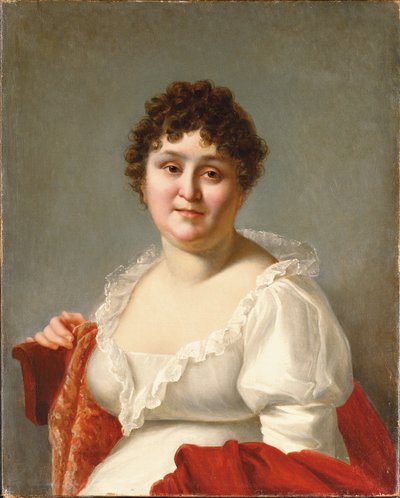 Portrét madame Regnaultové, po poprsí, v bílých šatech a tomelovém šátku (olej na plátně) od Jean Baptiste Regnault