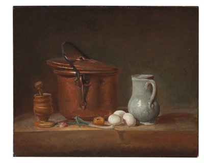 Měděný kastrol, palička a hmoždíř, džbán, jarní cibulka, vejce a cibule na polici od Jean Baptiste Simeon Chardin