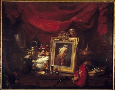 Chardin a jeho modely. Tabulka v poli (abyme). Obraz zobrazující Jean Baptiste Simeon Chardin (1699-1779) obklopuje zátiší. Obraz Philippe Rousseau (1816-1887) 1867 ne. 1,77x2,26 m Paříž, musee d