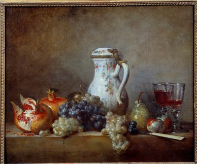 Obraz hrozny a granáty od Jean Baptiste Simeon Chardin (1699-1779) 1763 Ne. 0,47x0,57 m - Hrozny a granátová jablka. Obraz Jean Baptiste Simeon Chardin (1699-1779) od Jean Baptiste Simeon Chardin