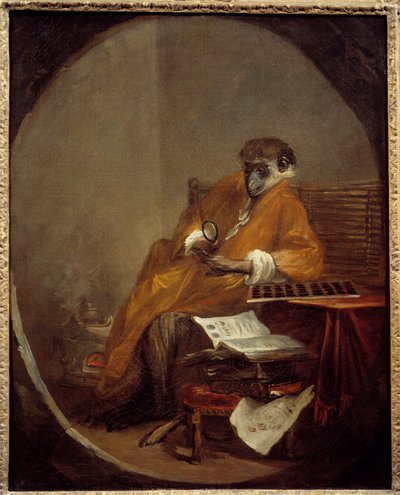 Starožitná opice. Znázornění opice v postoji člověka. Obraz Jean Baptiste Simeon Chardin (1699-1779) od Jean Baptiste Simeon Chardin