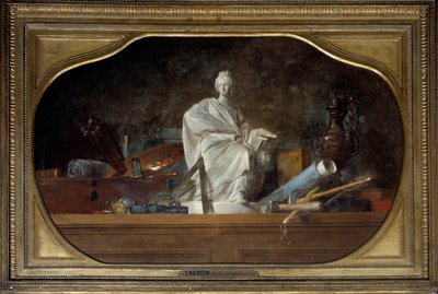 Atributy umění Alegorie umění se sochařskými nástroji, soška. Obraz Jean Baptiste Simeon Chardin (1699-1779) 1765 Ne. 0,91 x 1,45 m od Jean Baptiste Simeon Chardin