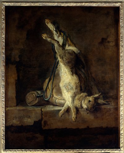 Mrtvý králík a lovecké potřeby Malba Jean Baptiste Simeon Chardin (1699-1779) Slunce 18. století. 0,81x0,65 m Paříž, Musee du Louvre. od Jean Baptiste Simeon Chardin