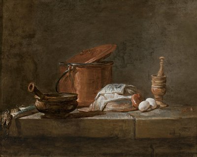 Pórek, kastrol s utěrkou, měděný hrnec a poklička, cibule a vejce s tloukem a hmoždířem, na kamenné římse. od Jean-Baptiste Simeon Chardin