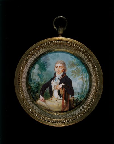 Portrétní miniatura mladého gentlemana jménem pan Videl, sedící tříčtvrteční délka (rám pozlacený bronz) od Jean Baptiste Soyer