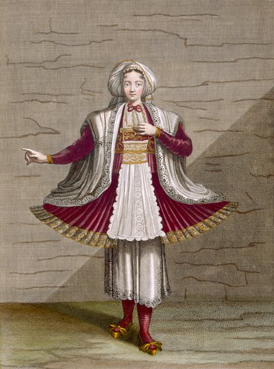 Dívka z Naxu, deska 71 ze „Sbírky jednoho sta tisků představujících různé národy Levanty“ od Charlese de Ferriola, vyryl Gerard Scotin (1671-1716), 1707-08 (barevná engra od Jean Baptiste Vanmour