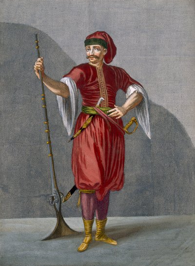 Albánský voják, deska 78 ze „Sbírky jednoho sta tisků představujících různé národy Levanty“ od Charlese de Ferriola, vyryl Gerard Scotin (1671-1716), 1707-08 (barevné e od Jean Baptiste Vanmour