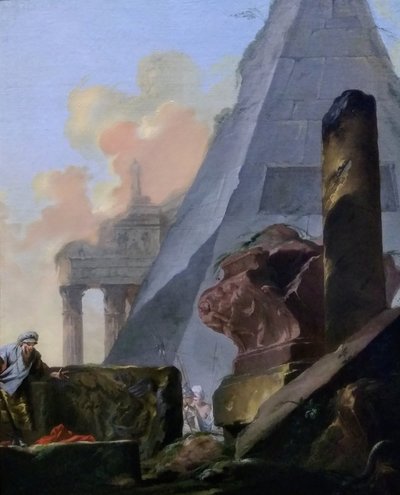 Německy: Ruinen mit Pyramide
francouzsky: Ruines avec la pyramide de Sextius od Jean Barbault
