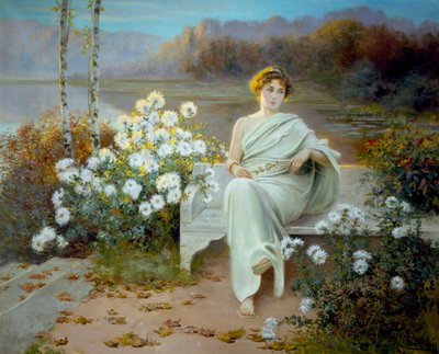 Starověký Řím: "Reverie" Mladá žena sedí na lavičce v rozkvetlé zahradě a je ponořena do myšlenek. Obraz Jeana Beauduina (1851-1916) 1901 Soukromá sbírka od Jean Beauduin
