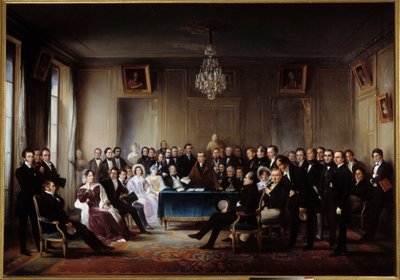Básník a dramatik Francois Guillaume Andrieux čte svou tragédii Junius Brutus „“ ve foyer v Comedie Francaise dne 26. 5. 1828“ Mezi dárky Alexandre Dumas, Pierre Nicolas Michelot, Jean Francois Becquerel, Firmin, Victor Hugo, Eugene od Jean Beraud