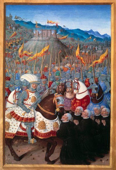 Ludvík XII. (1462-1515) obdržel šest měšťanů od Genes klečících (25. dubna 1507). Miniatura od Jeana Bourdichona (1457? - 1521) v “” Voyage de Genes”” (Folio 20v) od Jeana Marota, v.1508. Paříž, BN od Jean Bourdichon