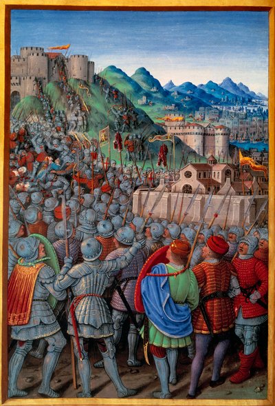 Genois zaútočil na stráž Castellacio de Genes Francouzi (12. března 1507). Miniatura od Jeana Bourdichona (1457? - 1521) v “” Voyage de Genes”” (Folio 20v) od Jeana Marota, v.1508. Paříž, NL od Jean Bourdichon