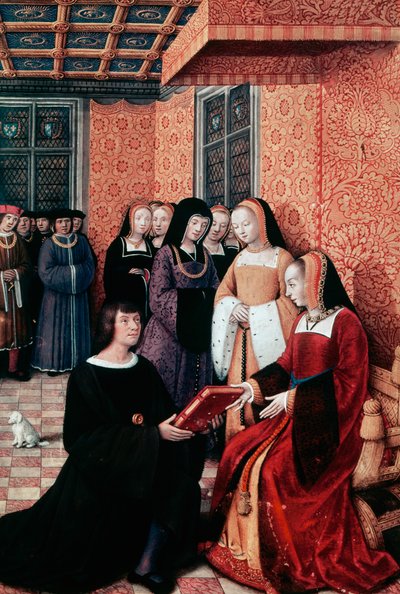 Básník Jean Marot (1450-1526) předal své dílo Plavba do Janova Anně Bretaňské (1477-1514), cca 1508, miniatura Jeana Bourdichona (1457-1521). Francie od Jean Bourdichon