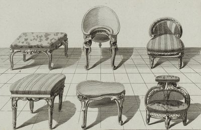 Stoličky, záchodové bidety, podnožka, publikováno v polovině 70. let 18. století (rytina na položený papír) od Jean Charles (after) Delafosse