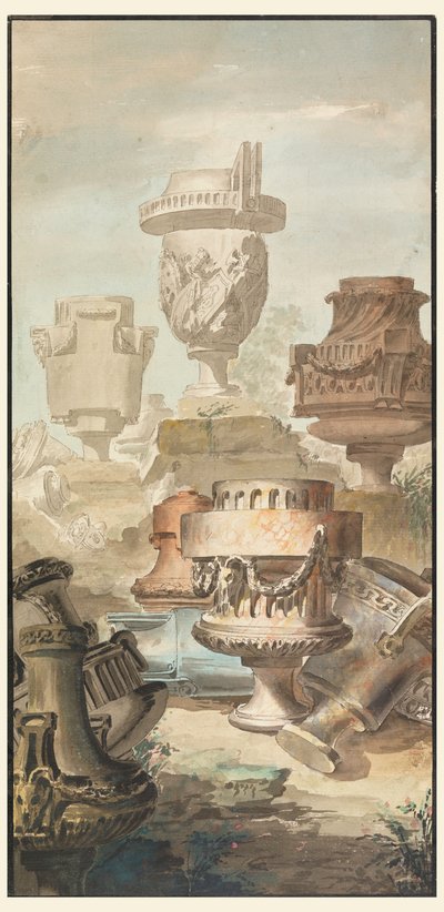 Kresba, Ruin Fantasy: Vázy a urny, 1770 od Jean Charles Delafosse