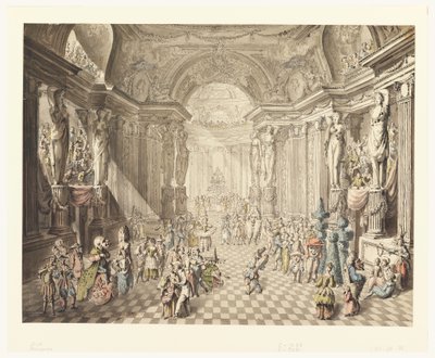Kresba, pohled na maškarní ples, 1770-80 od Jean Charles Delafosse