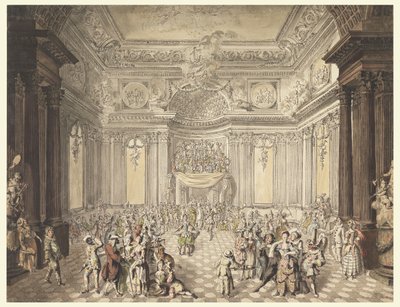 Kresba, pohled na maškarní ples, 1770-80 od Jean Charles Delafosse