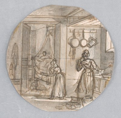 Návrh pro malovaný porcelánový talíř, kuchyňská scéna se zadní ložnicí, případně pro Service des Objets de Dessert (Dezertní služba) od Jean Charles Develly