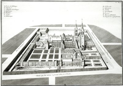 Pohled na opatství Saint-Germain-des-Pres před rokem 1640, rytina Antoine Herisset (1685-1769) od Jean Chaufourier