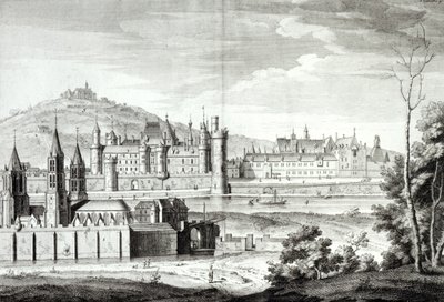 Pohled na opatství Saint-Germain-des-Pres, Louvre, Petit Bourbon, Montmartre a Seinu v roce 1410, rytina Antoine Herisset (1685-1769) od Jean Chaufourier