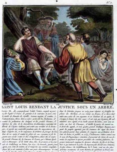 Saint Louis (1215-70) poskytuje spravedlnost pod stromem, vyryl Jean Baptiste Morret (fl. 1790-1820) 1789 (barevná rytina) od Jean Claude (after) Naigeon