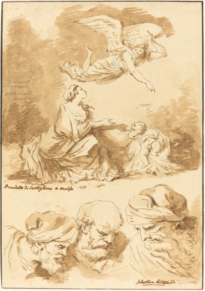 Hagar utěšovaná andělem (z obrazu Castiglione) a Tři hlavy starců (z obrazu Ricciho Ježíše a cizoložnice) od Jean Claude Richard de Saint Non after Jean Honoré Fragonard